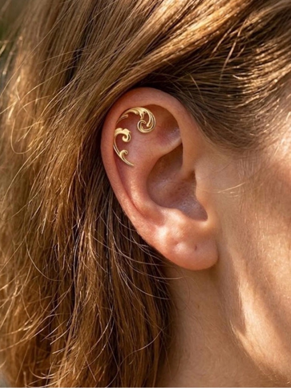Piercing Cartilage 925 Sterling Silver Ornate Wave Earring Gold Plated Flat